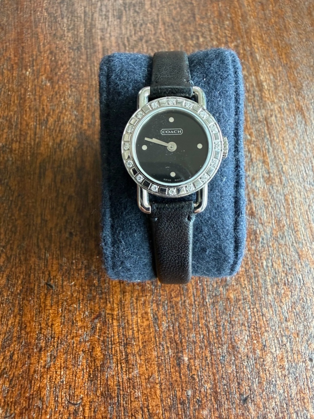 COACH Women's Black Leather Crystal Bezel Watch